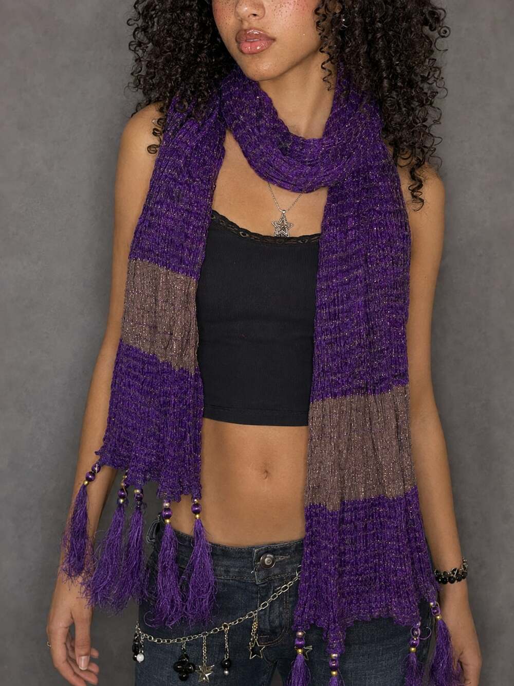 Metallic Thread Purple and Gold Crinkle Tassel Scarf